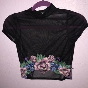 Black crop top with purple flowers